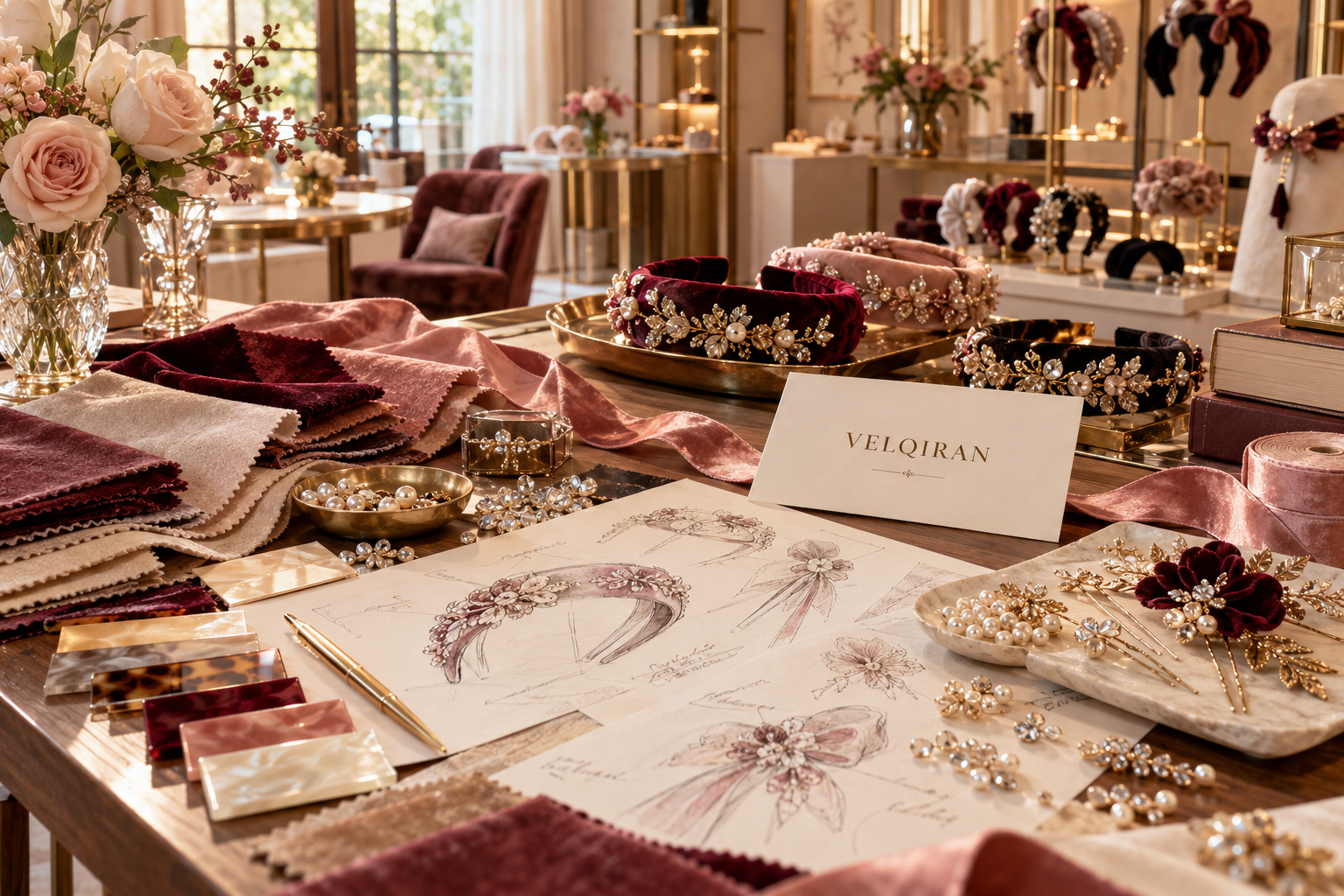 VELQIRAN hair accessories studio with velvet, silk, pearls, crystals and hand-drawn design sketches